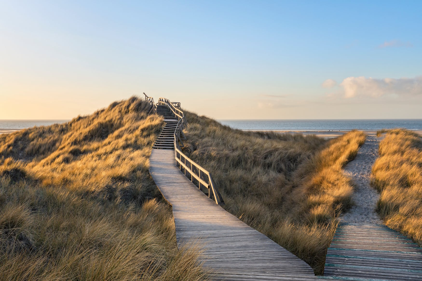 hölzerner Steg durch die Dünen zum Strand Norddorf auf der deutschen Nordseeinsel Amrum