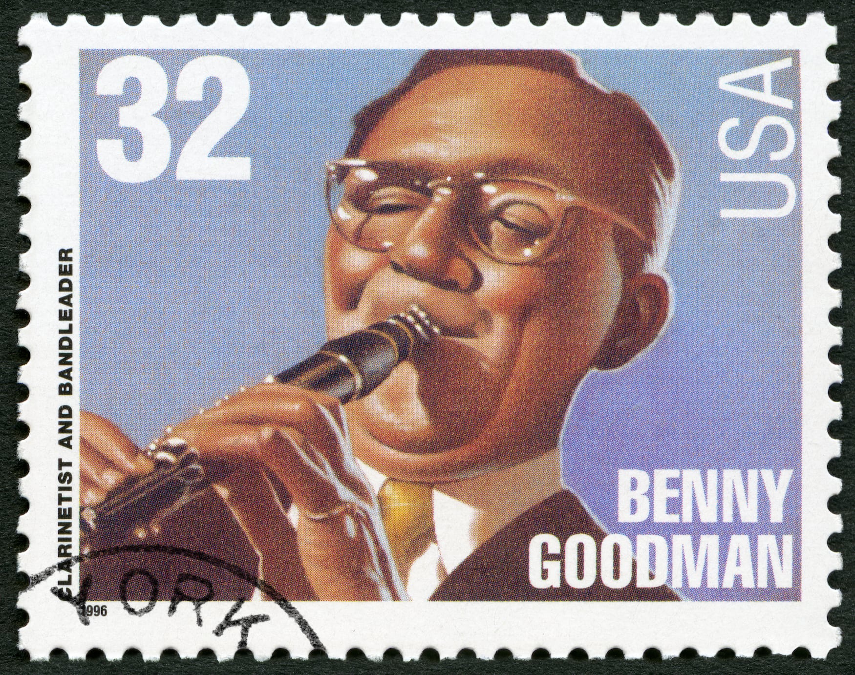 Briefmarke von Jazz-Musiker Benny Goodman aus New York