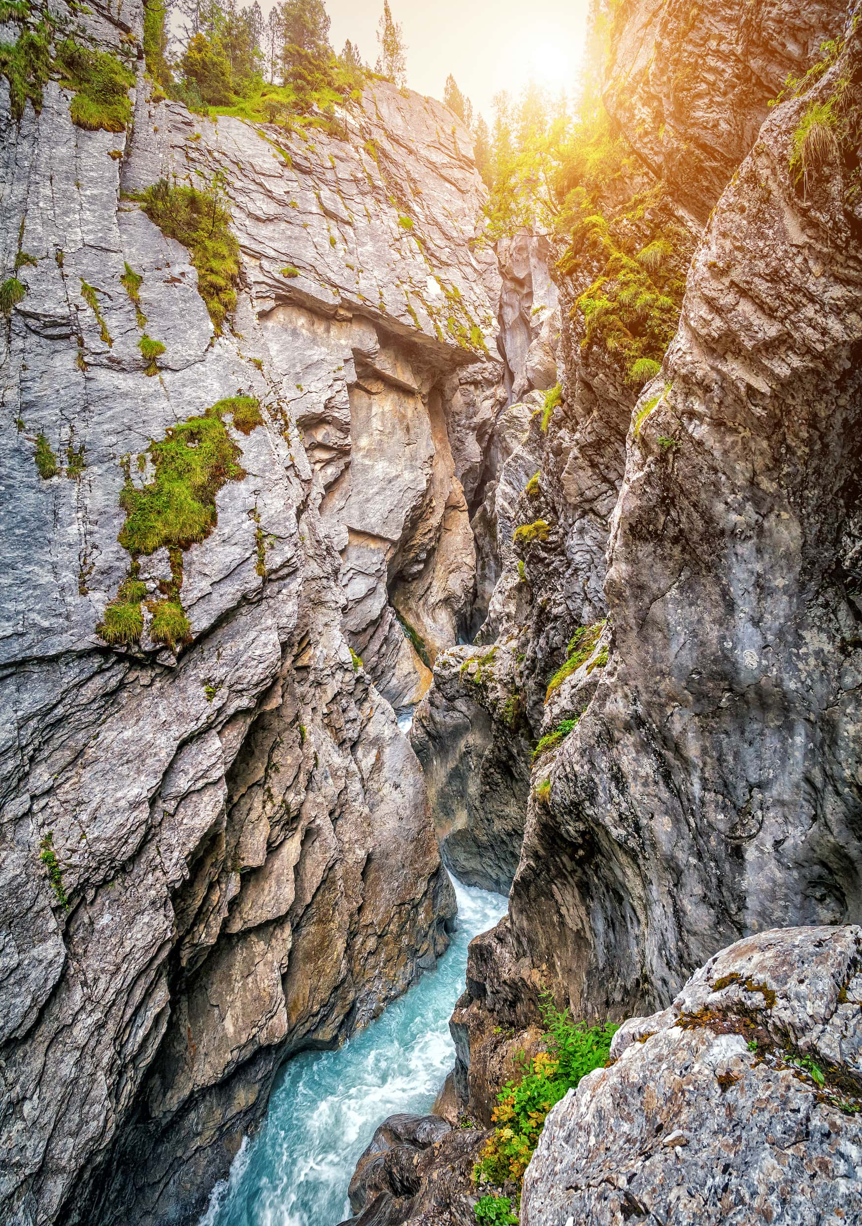 Schöne Aussicht auf die berühmte mystische Rosenlauigletscherschlucht (Rosenlaui Gletscherschlucht), die seit 2001 zum UNESCO-Welterbe gehört, von einem schmalen Wanderweg in den Berner Alpen im Sommer, Schweiz