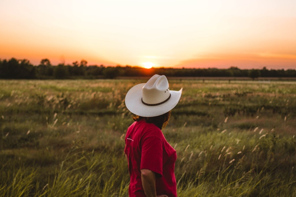 Unterwegs in South Dakota: Cowgirl blickt in die Landschaft