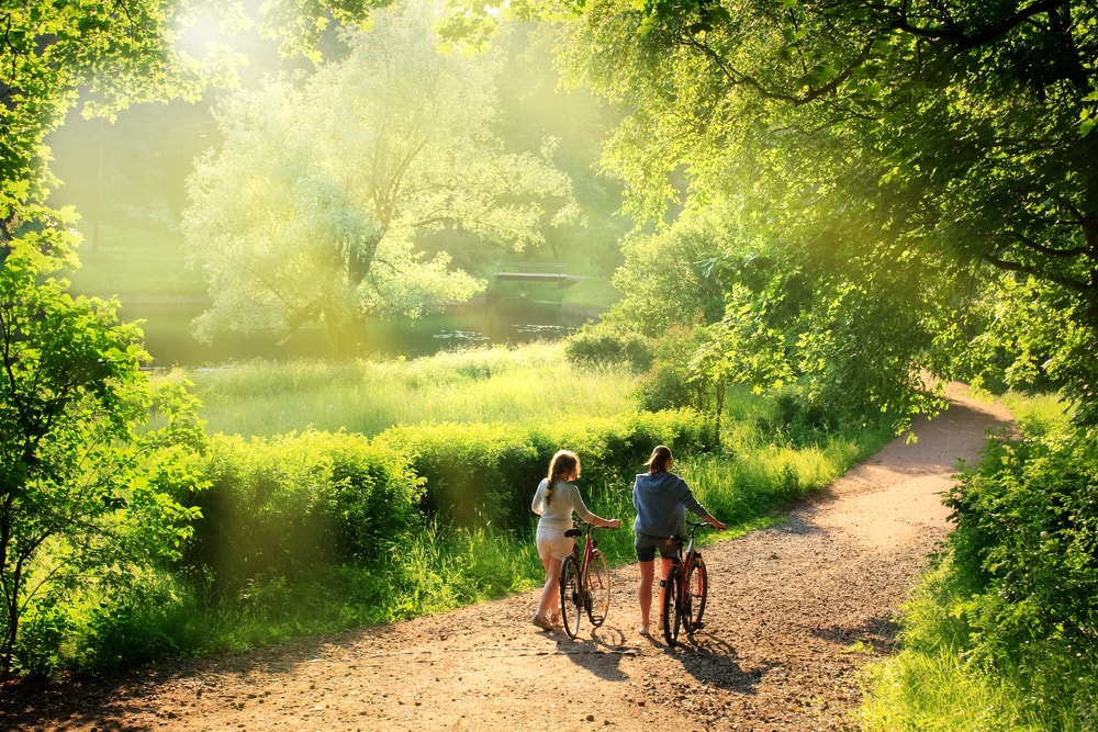Mädchen mit Fahrrad unterwegs im Wald