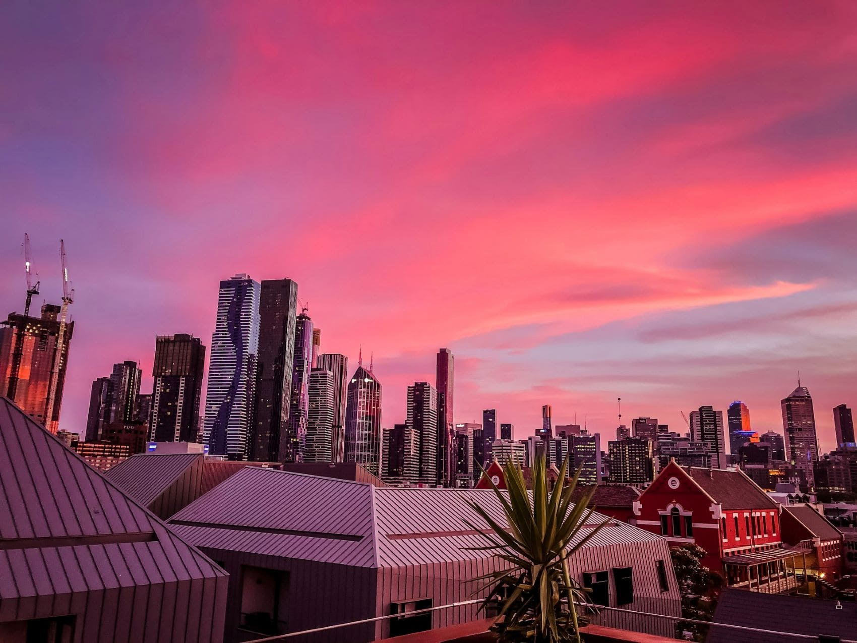 Hinter einigen stählernen Hausdächern ragt auf der ganzen Bildbreite ein Skyline verschiedener Hochhäuser in dne Himmel. Der Himmel ist durch den Sonnenuntergang rosa-blau angestrahlt, was sich teils in den Gebäuden spiegelt.