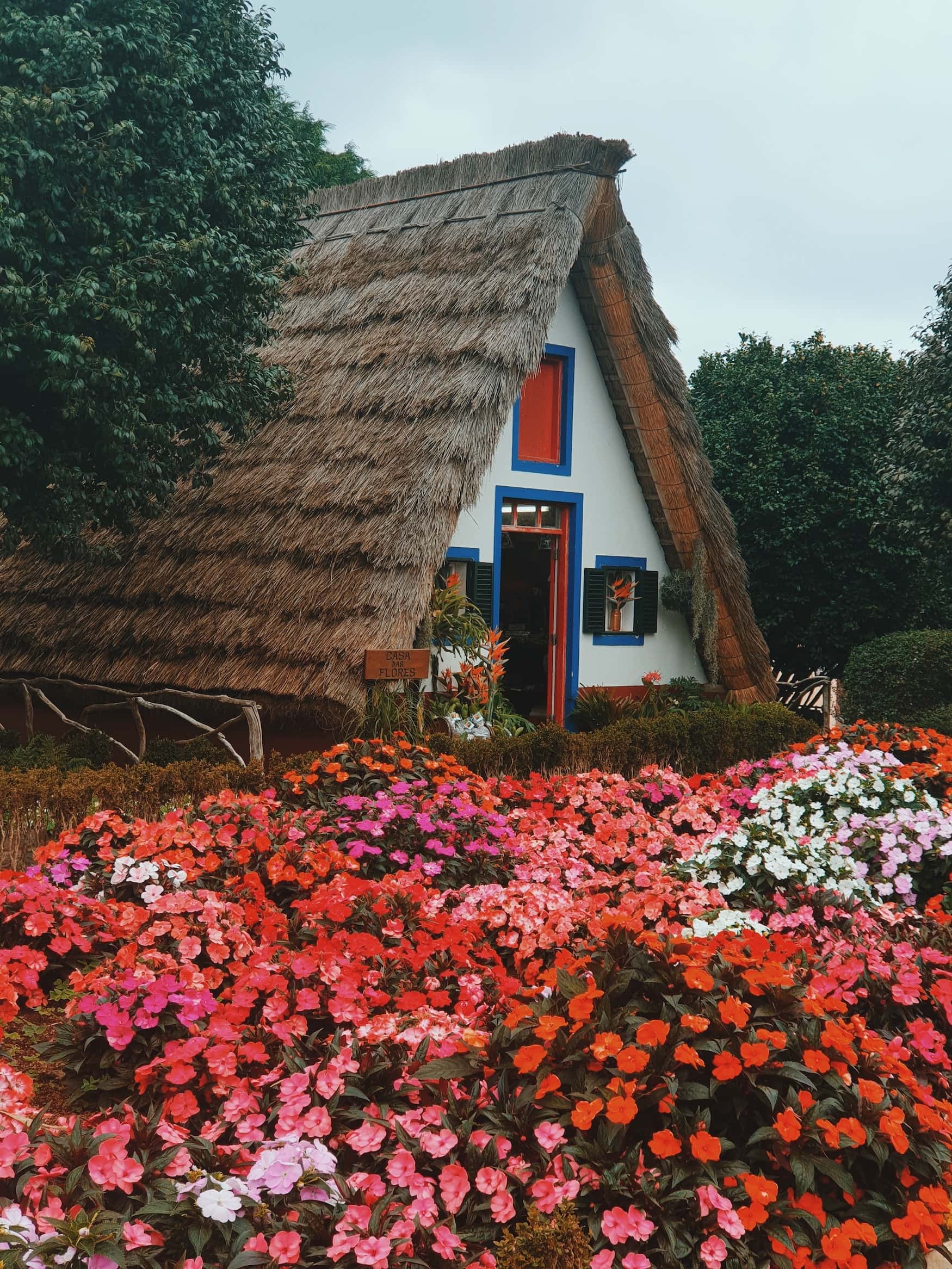 Blumendekoration vor einen typischen haus auf Madeira, Portugal
