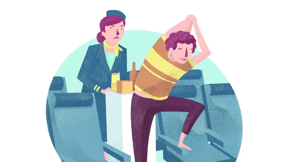 Illustration Flugbegleitern und Passagier der sich stretcht