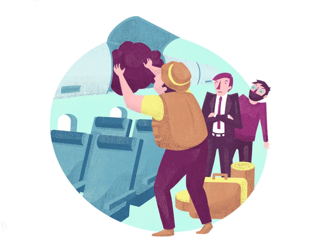 Illustration dreier Passagierer im Flugzeug. Ein Passagier lädt sein Gepäck im Fach ab, zwei warten verärgert