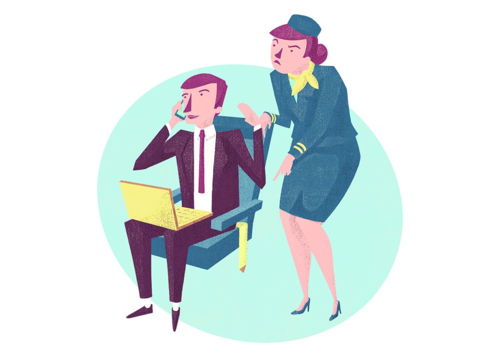 Illustration: Workaholic und verärgerte Flugbegleiterini m Flugzeug