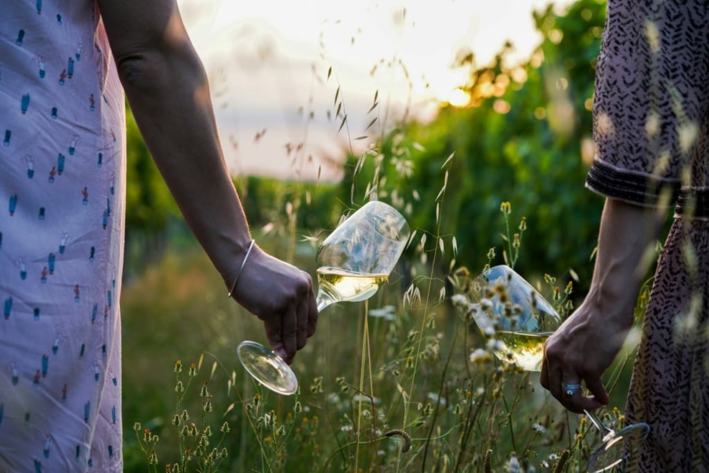 Frauen im Grünen, die Weißwein-Gläser in ihren Händen halten