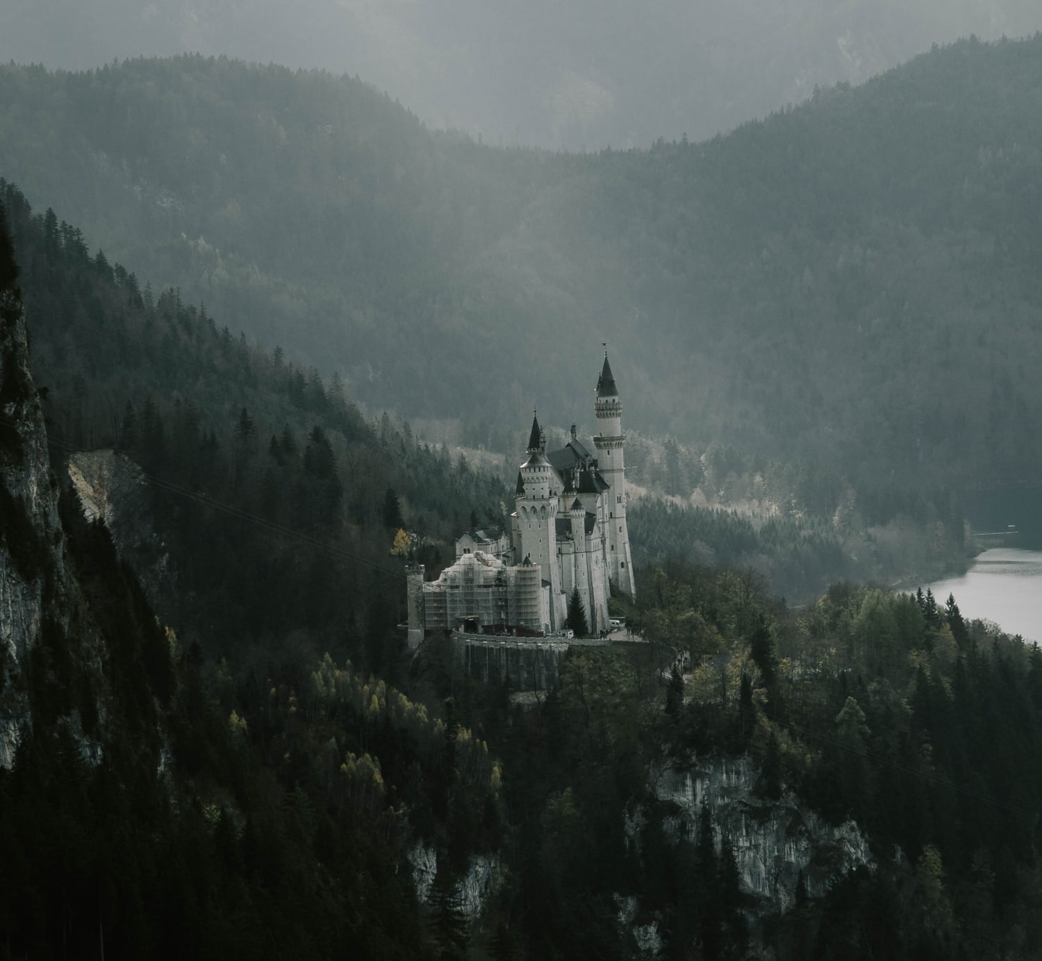Schloss Neuschwanstein umgeben von dunklen Tannen und grauem Himmel.