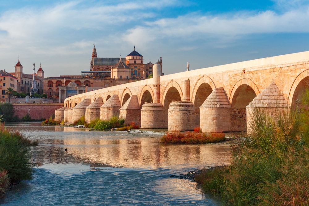 Alte Brücke mit vielen Bögen vor historischer Stadt.
