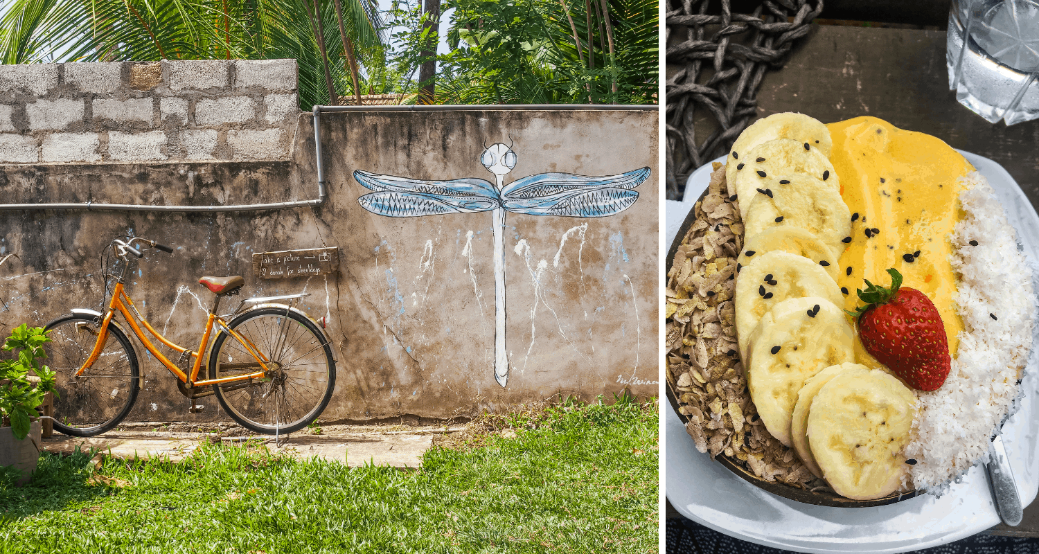 Smoothie-Bowl und Innenhof der Aloha Coffee Gallery in Mirissa, Sri Lanka