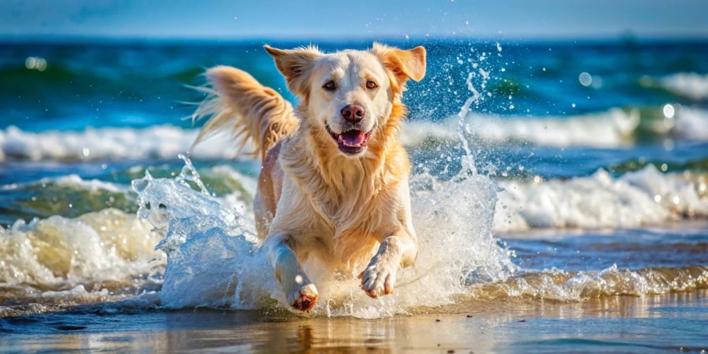 Hund rennt im Wasser am Strand