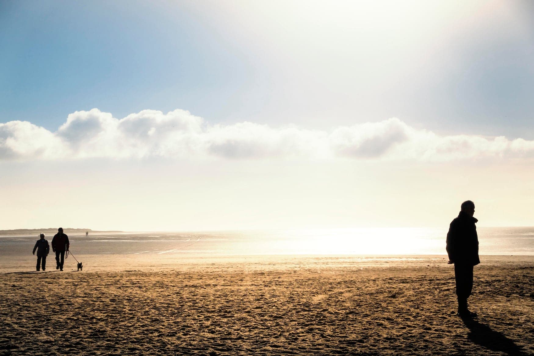 Menschen spazieren am Strand von St. Peter-Ording mit Hunden