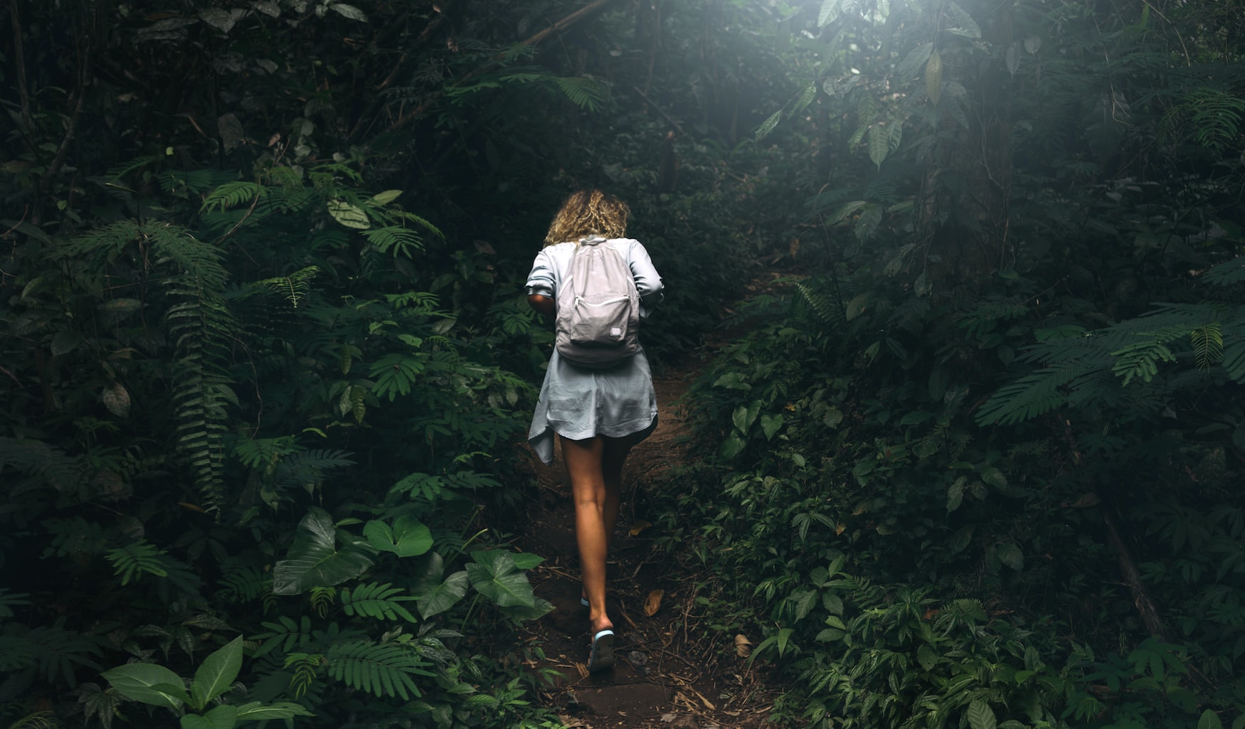 eine junge Frau mit lockigem Haar und einem Rucksack, die an einem Sommertag durch einen dunkelgrünen Tropenwald wandert.