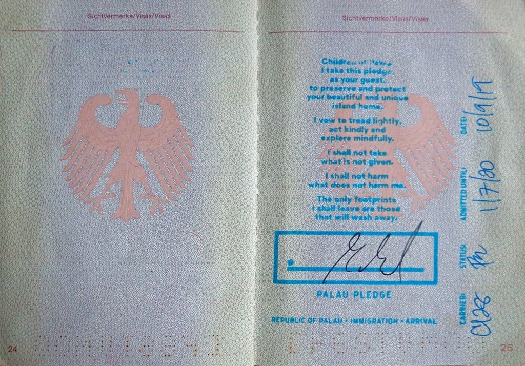 Einreisestempel des Staates Palau in einem deutschen Reisepass