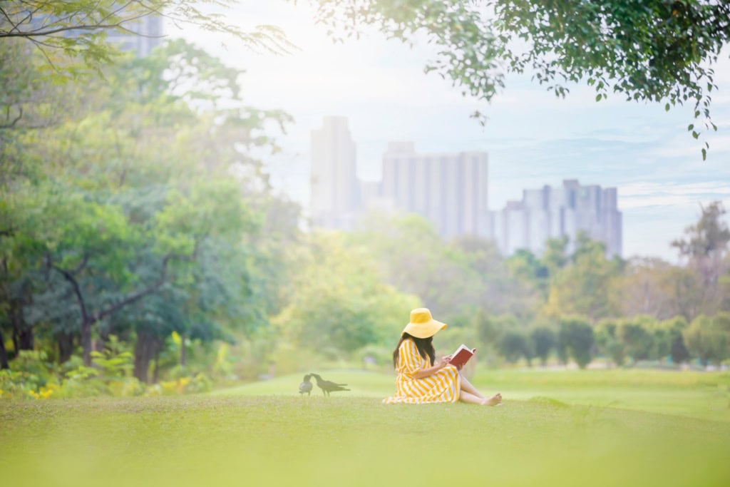 Eine Frau mit gelbem Kleid und gelbem Hut sitzt in einem Park auf einer Wiese und liest ein Buch. Im Hintergrund ist unscharf eine Skyline erkennbar.