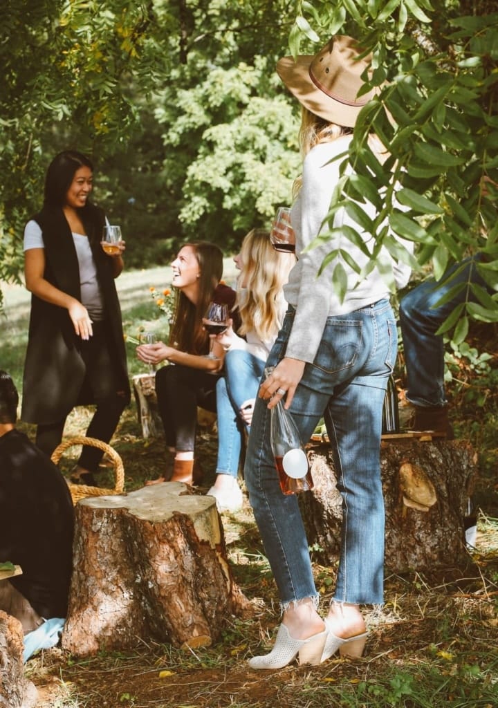 Junge Frauen stehen und sitzen auf einer Wiese und trinken Wein