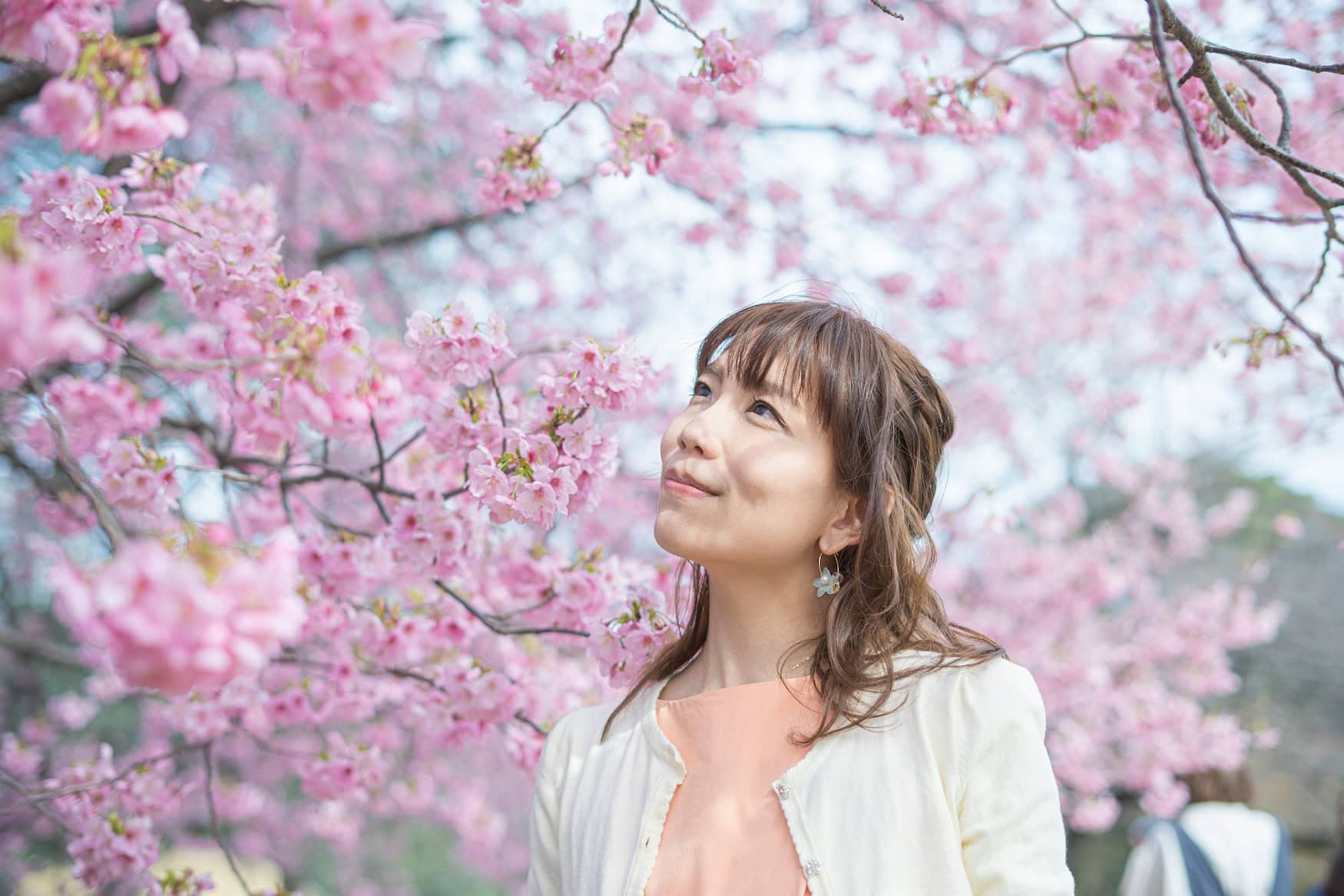Frau bei der Kirschblüte in Japan