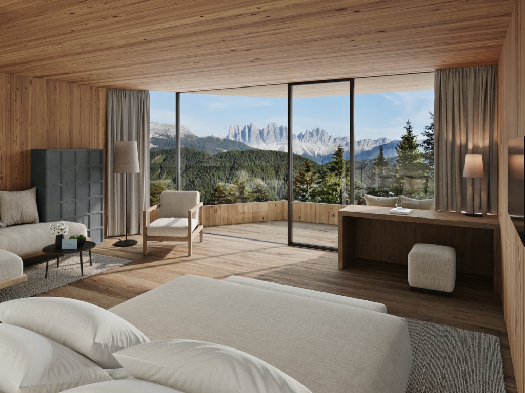 Luxuriöse Unterkünfte gibt es viele: Das Forestis in Südtirol überzeugt auch durch die spektakuläre Bergkulisse, auf die man vom Bett aus blickt