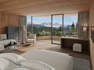 Luxuriöse Unterkünfte gibt es viele: Das Forestis in Südtirol überzeugt auch durch die spektakuläre Bergkulisse, auf die man vom Bett aus blickt
