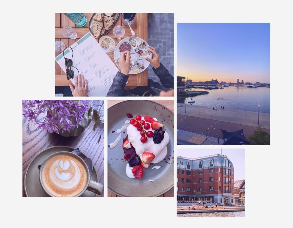 Collage aus Impressionen des Restaurant Vessel in Amsterdam beispielsweise mit einem Pavlova-Dessert mit Beeren