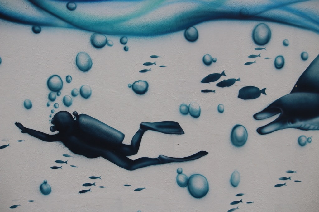 Die Unterwasserwelt wird auch in einem Graffiti auf der Einheimischeninsel festgehalten.