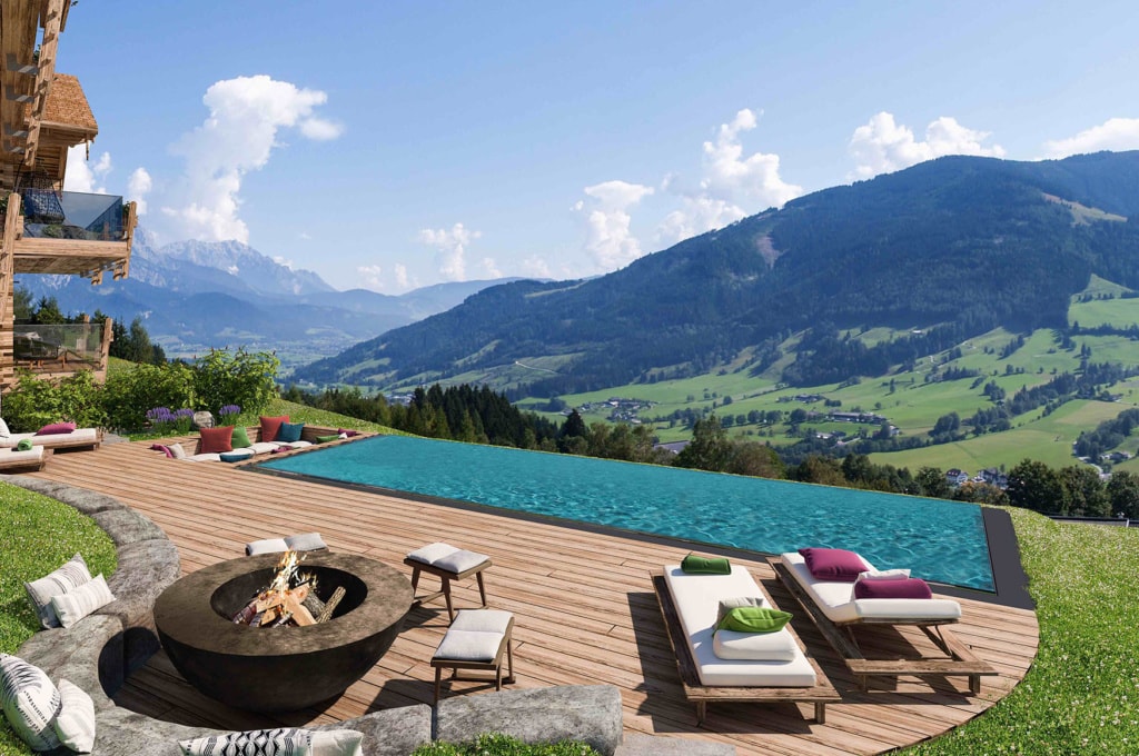 Pool mit Bergpanorama an den Senhoog Luxury Chalets