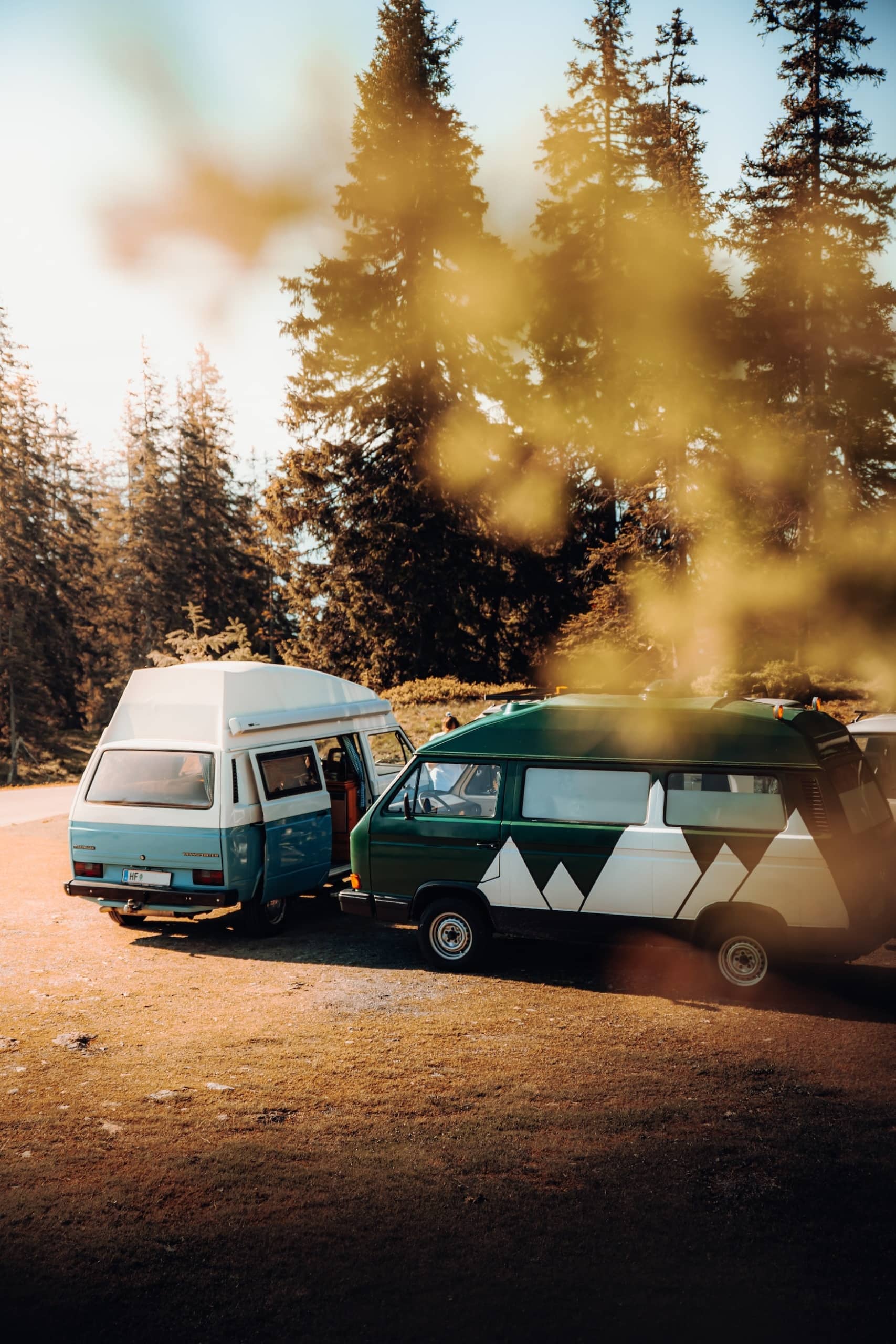 Zwei Wohnmobile in Waldgebiet
