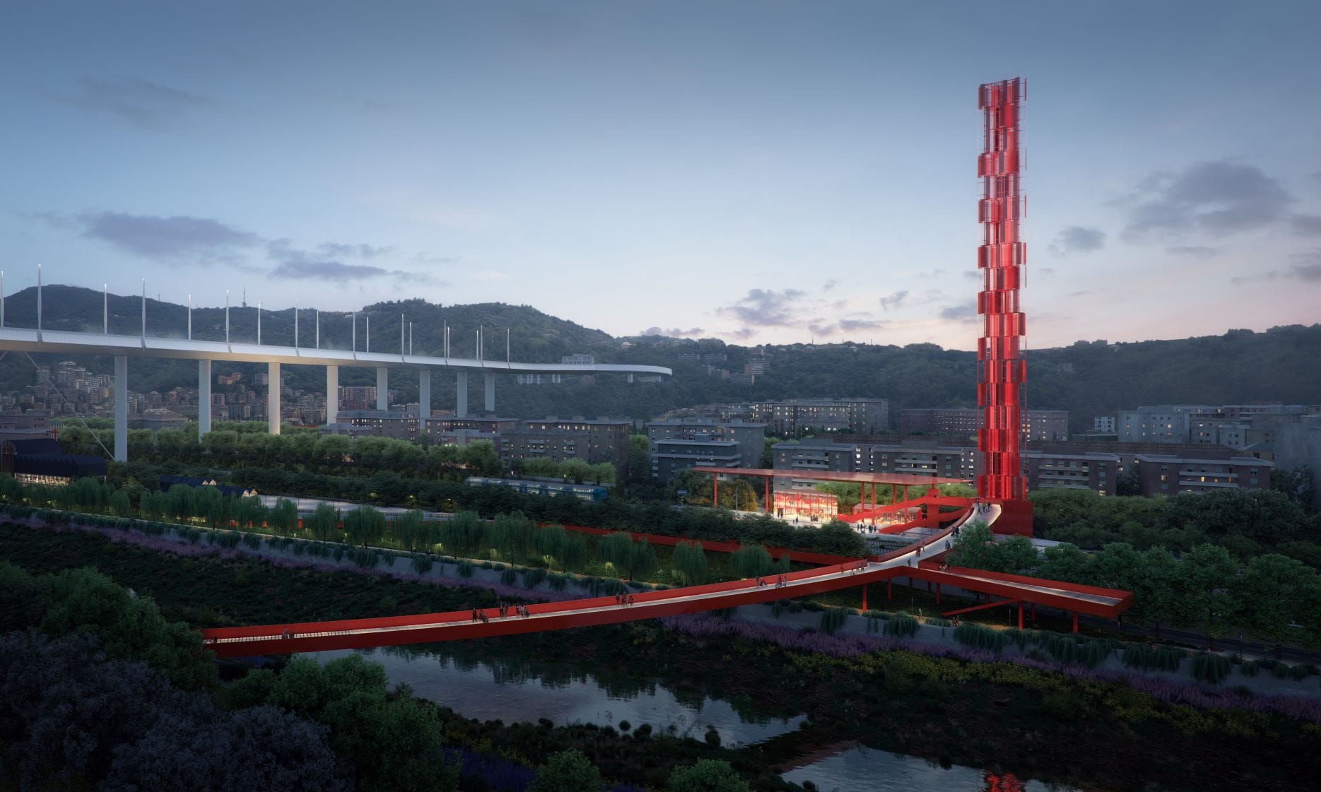 Park Polcevera in Genua, im Hintergrund die neue San-Giorgio-Brücke