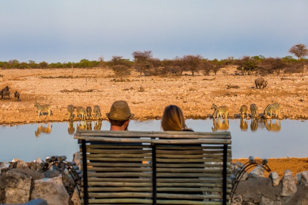 Junges Paar sitzt auf einer Bank und beobachtet Tiere am Fluss in Namibia
