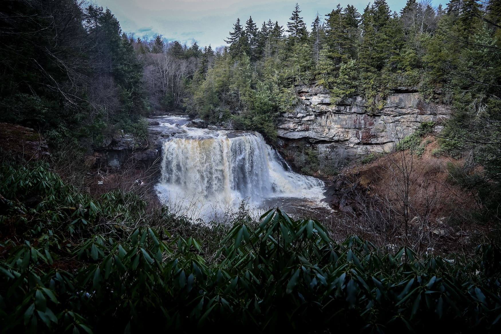 Black Water Falls in dunkler Landschaft in West Virginia