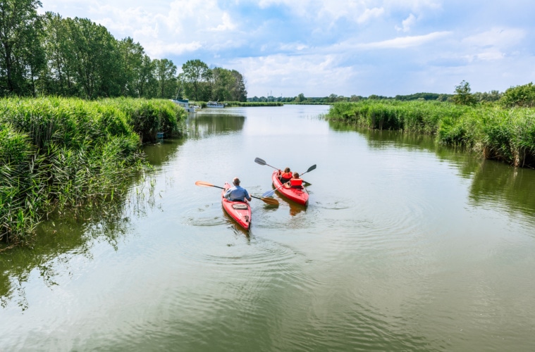 Paddeln im Usedomer Achterwasser ist nicht so einfach, wie es aussieht, finden Josi und Luna, macht aber voll Spaß.
| TMV/Tiemann