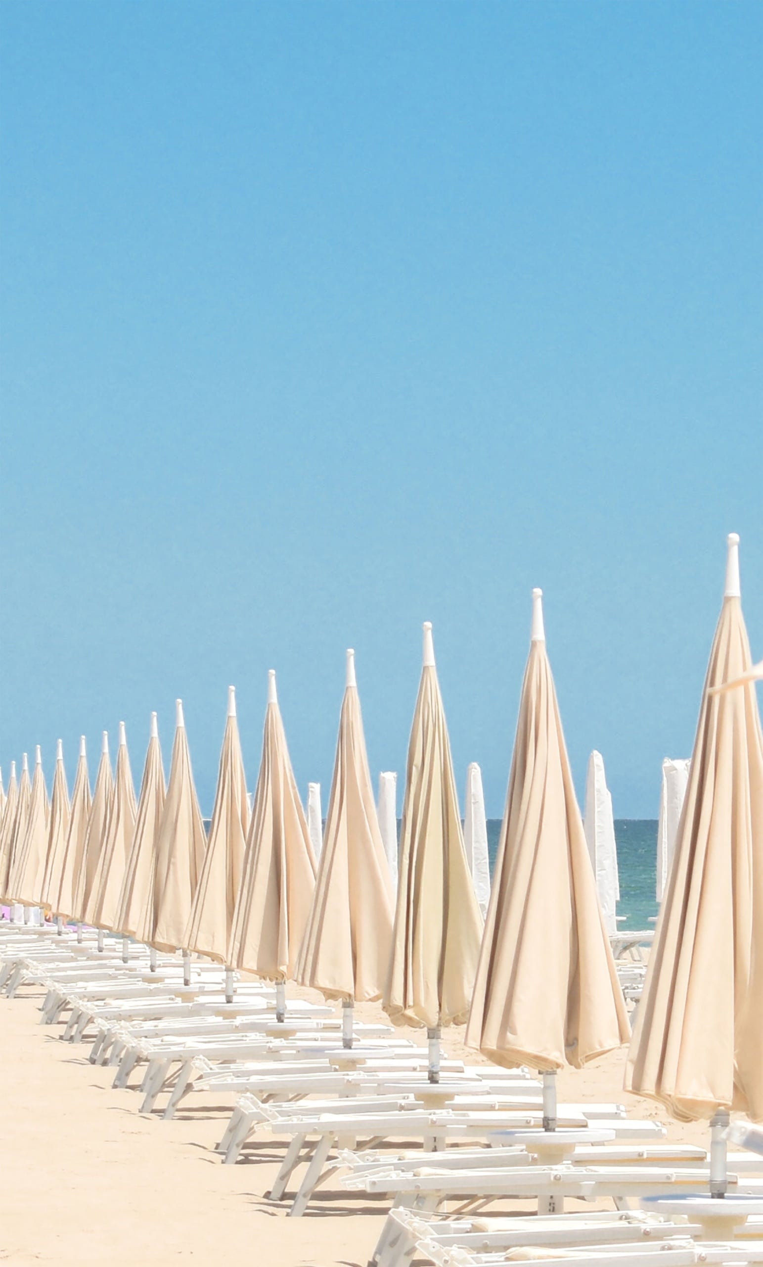 Weiße Liegestühle und champagnerfarbene Sonnenschirme am Strand von Rimini
