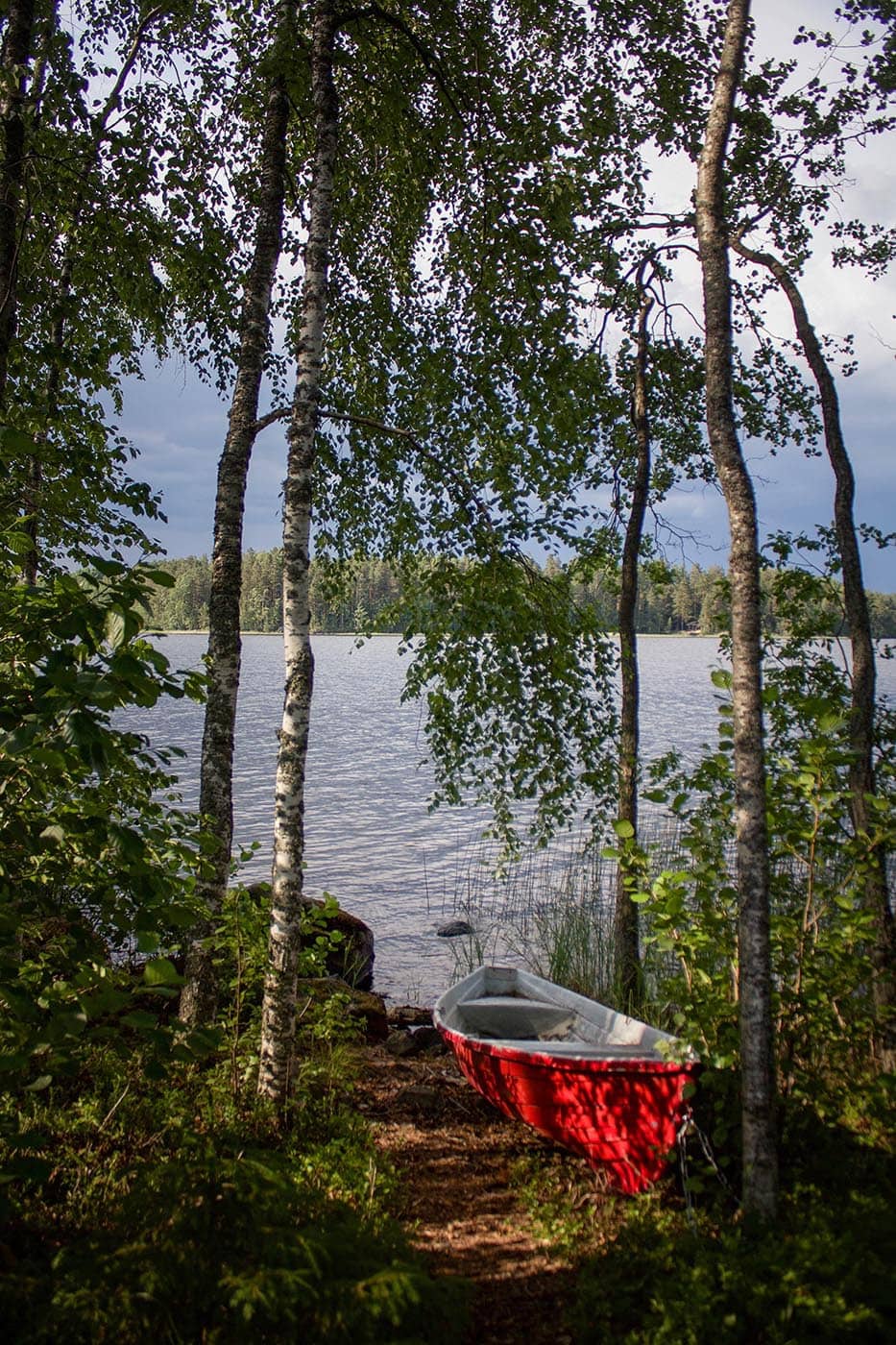 Kanu zwischen Bäumen am Saimaa See in Finnland ,