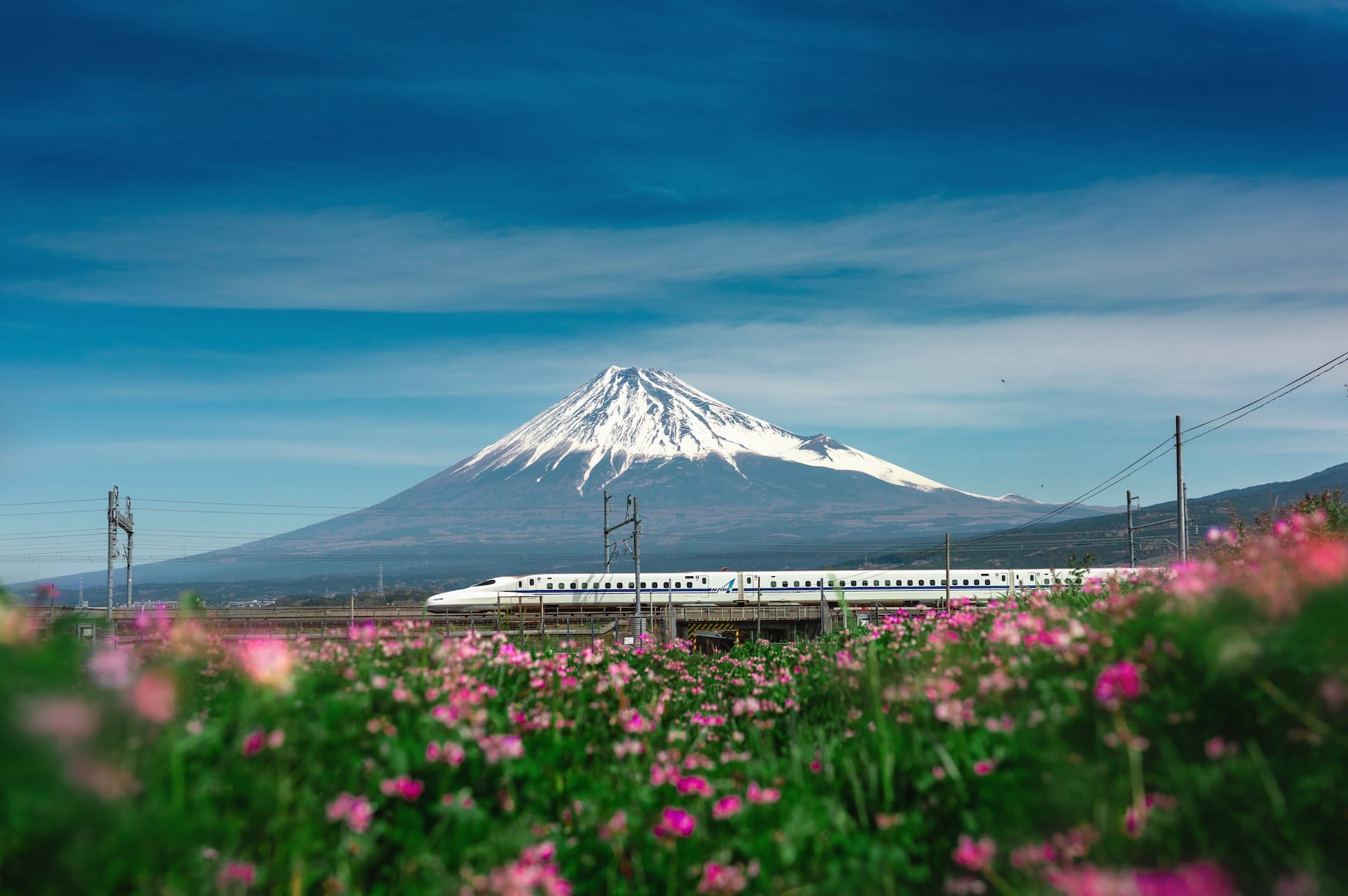 Japanischer Schnellzug Sakura Shinkansen fährt an Mount Fuji vorbei