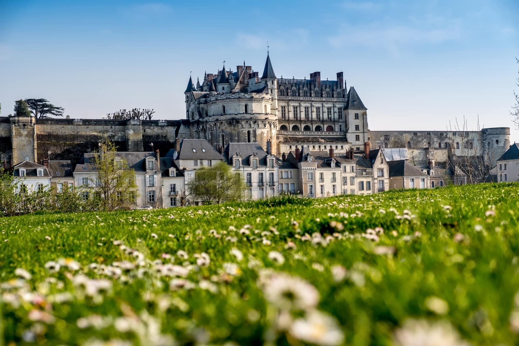 Schloss Amboise im Loiretal; das mächtige Schloss ist in eine große Festungsmauer eingelassen