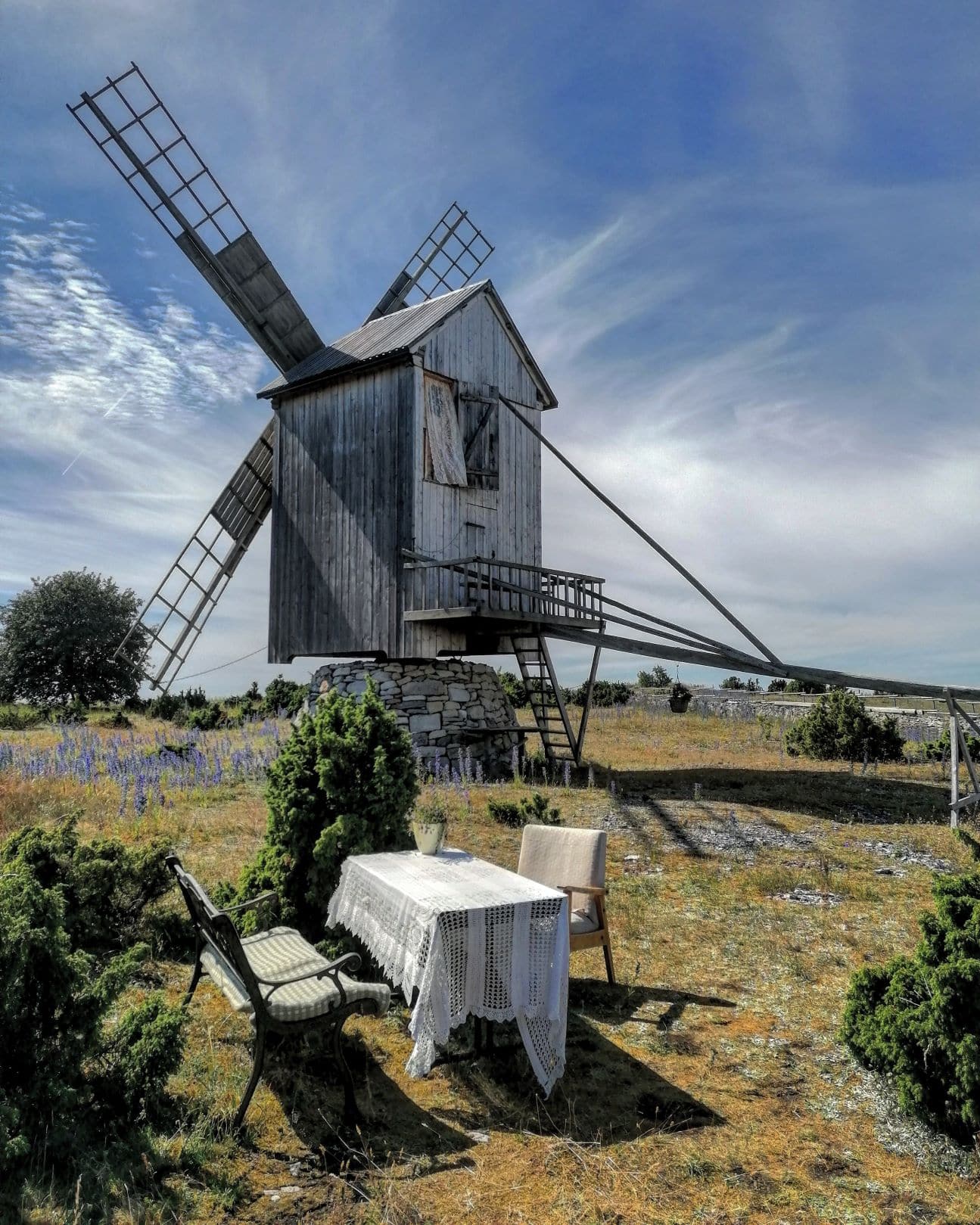 Bank, Stuhl und Tisch vor historischer Windmühle in Estland 