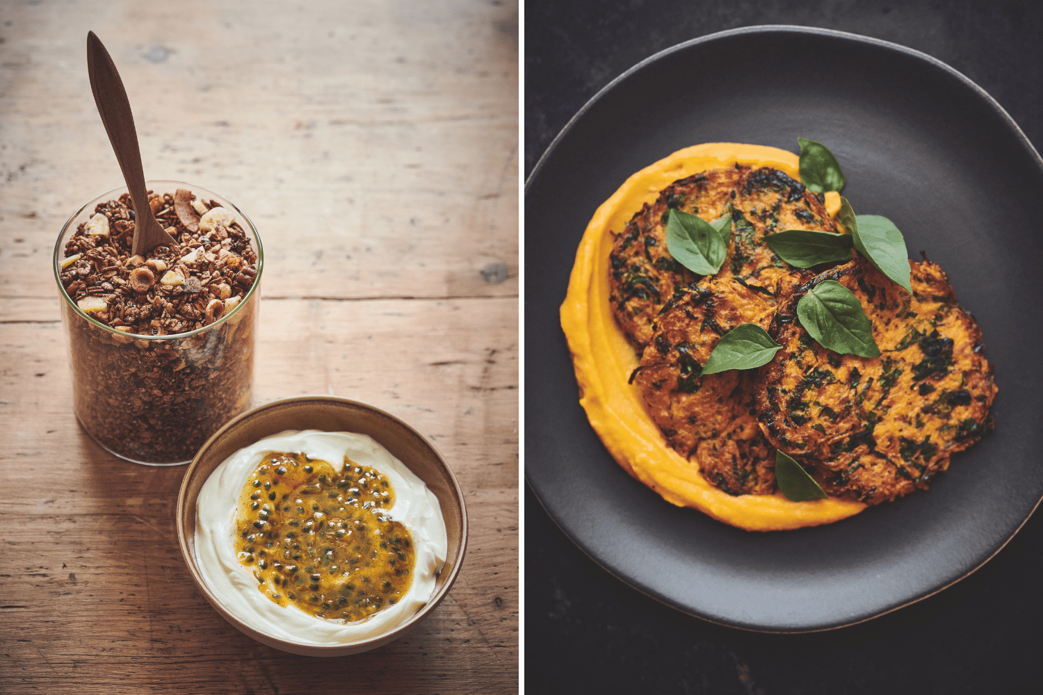 Kokosmüsli mit Passionsfrucht und Gemüsepuffer