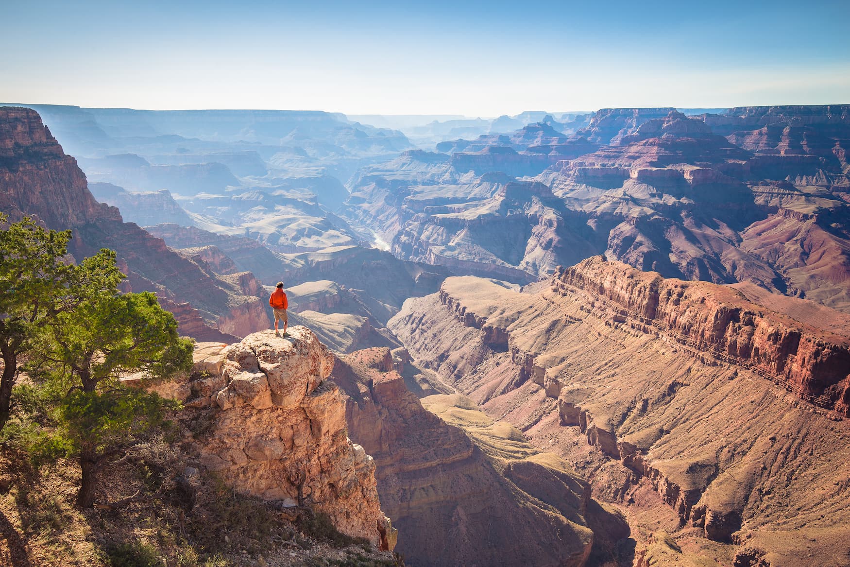 Wanderer in roter Jacke steht auf Felsen im Grand Canyon National Park