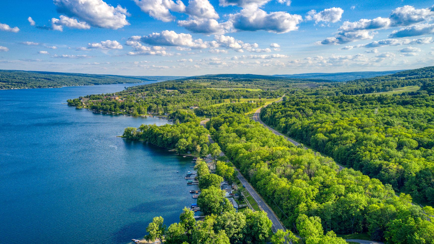 Keuka See, umgeben von grünen Bäumen