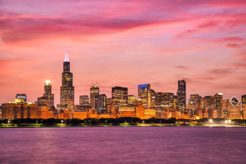 Skyline von Chicago bei Sonnenuntergang