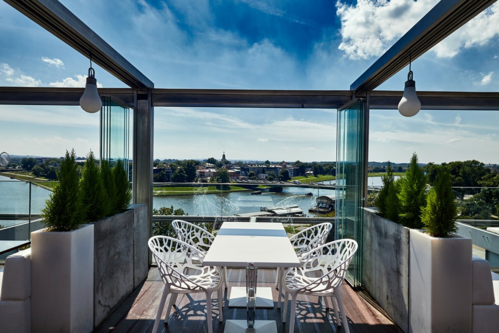 Blick von der Dachterrasse des Sheraton Hotels in Krakau auf die Stadt