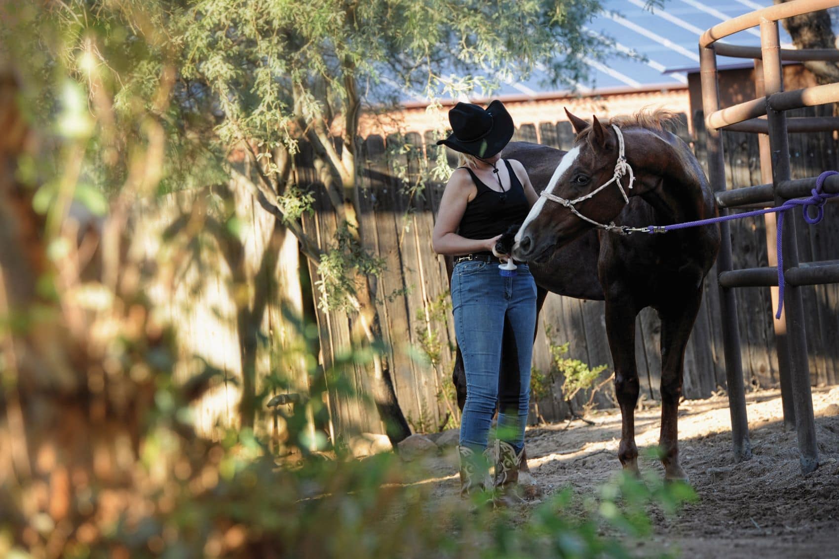 Frau mit Cowboy und Pferd auf White Stallion Ranch, Arizona