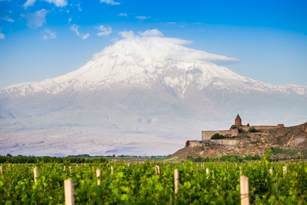 Auf einem Hang in Armenien hinter einigen Rebstöcken liegt ein mittelalterliches Kloster. Am Horizont erhebt sich der mächtige Berg Ararat, dessen Gipfel von einigen Wolken verdeckt wird.