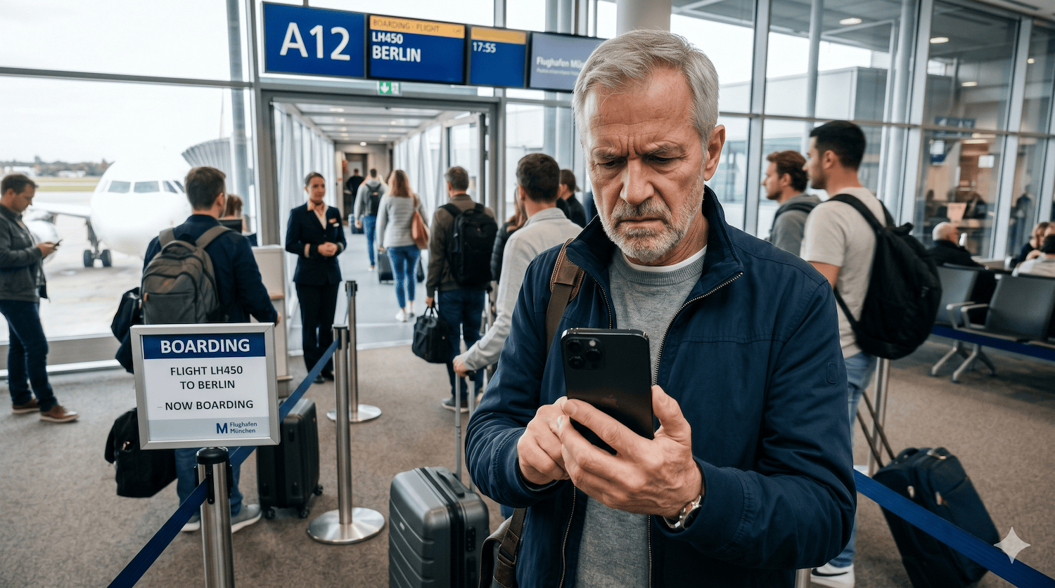 Mann ist verzeifelt am Gate. Handyakku ist leer und er hat keine Bordkarte mehr.