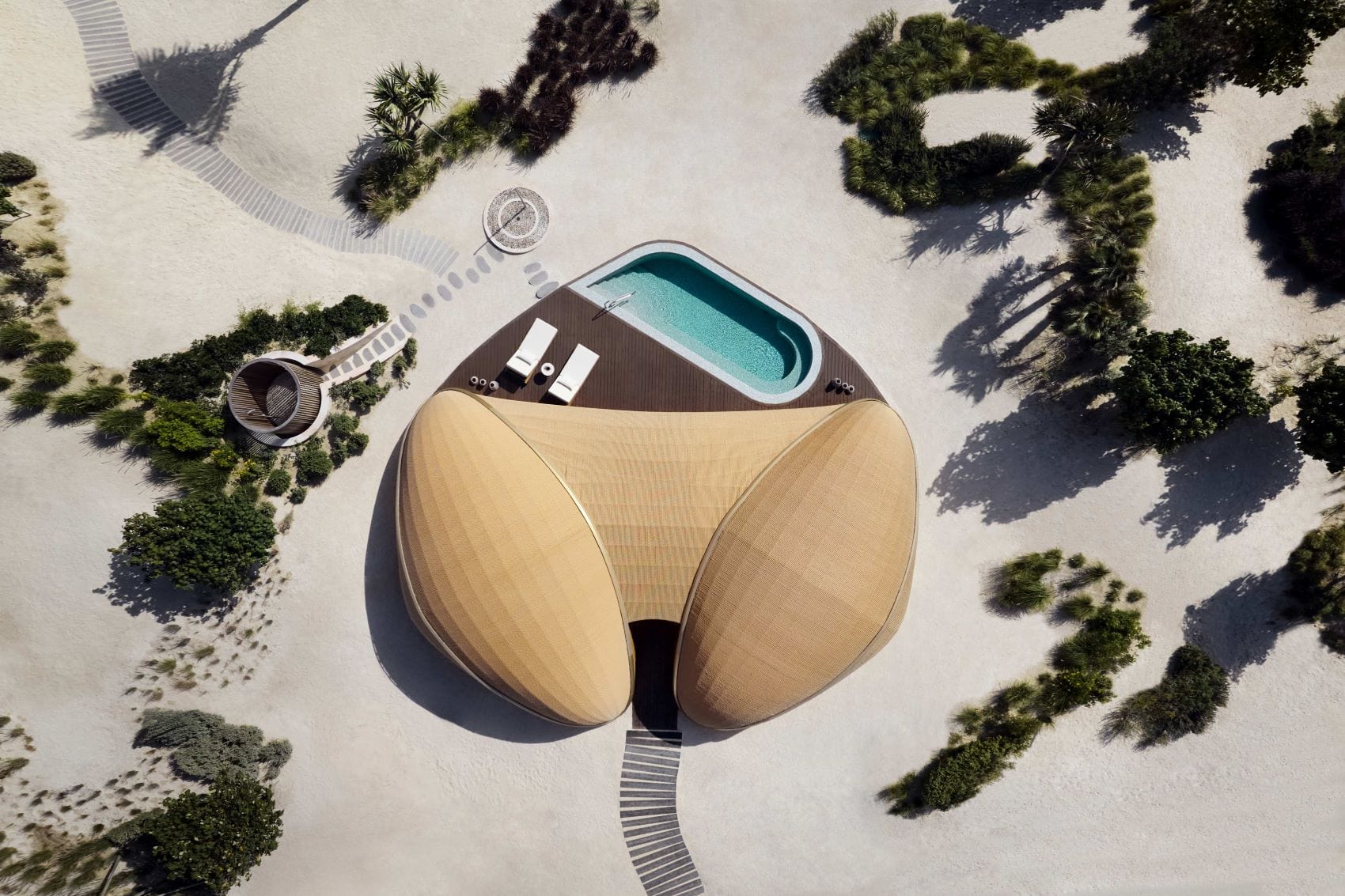 neue Luxushotels in Saudi-Arabien: Nujuma Ritz-Carlton Reserve Villa Pool Vogelperspektive