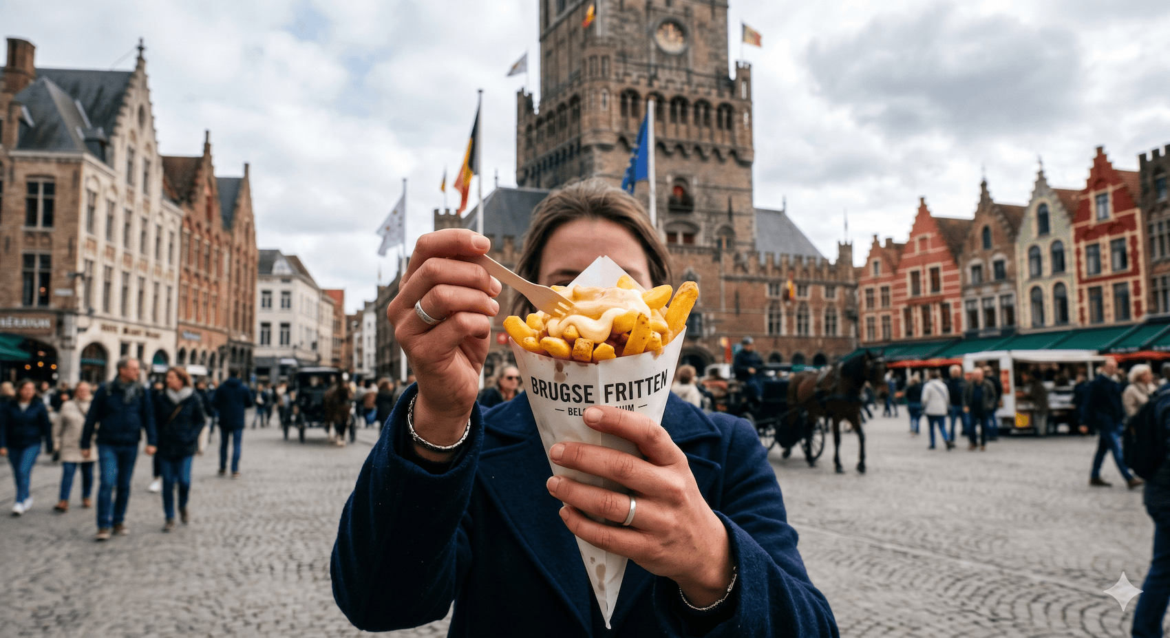 Frau hält eine Tüte belgische Fritten in der Hand auf dem Gote Markt in Brügge