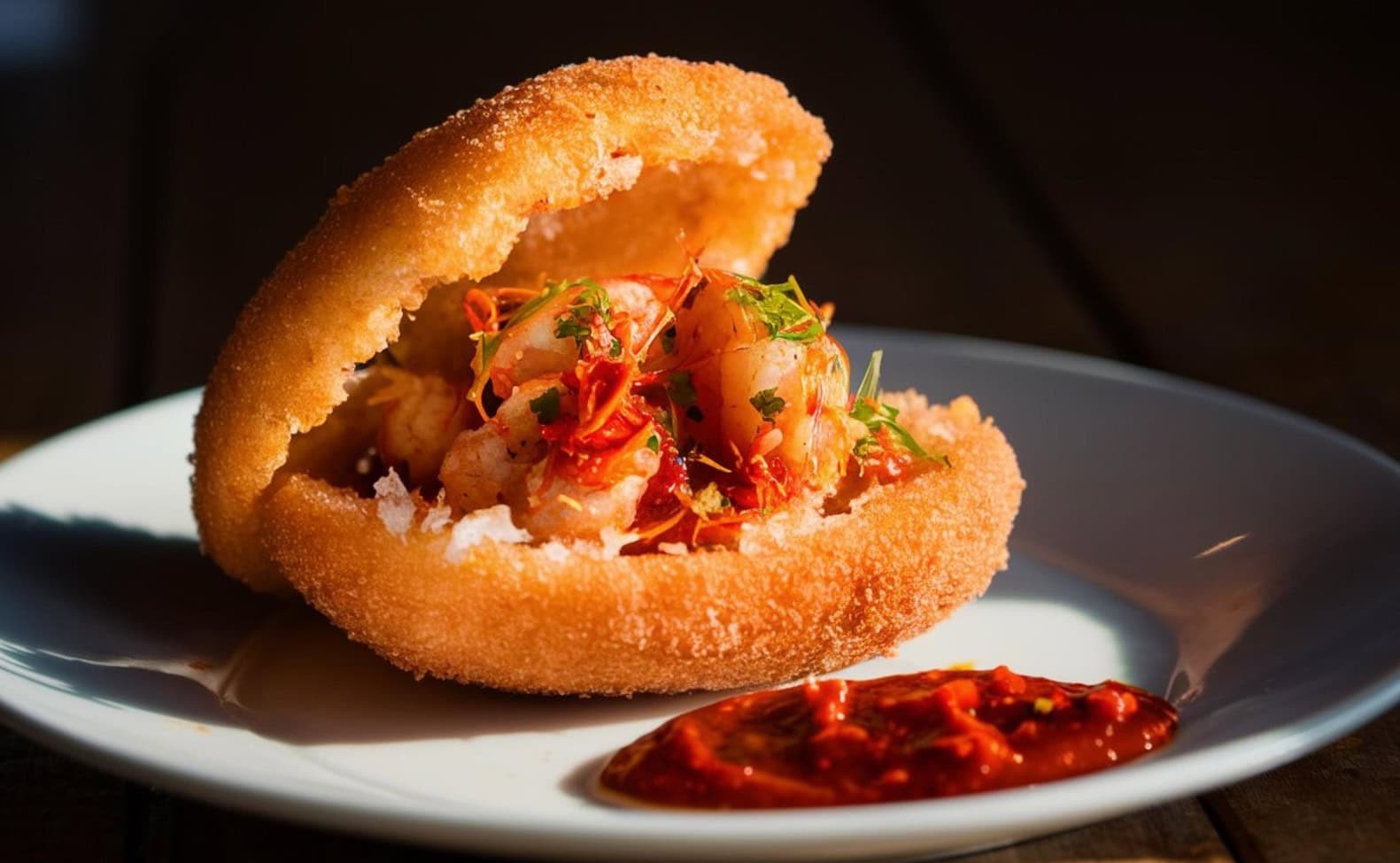 Acarajé – ein frittierter Bohnenmus-Burger mit Garnelen.