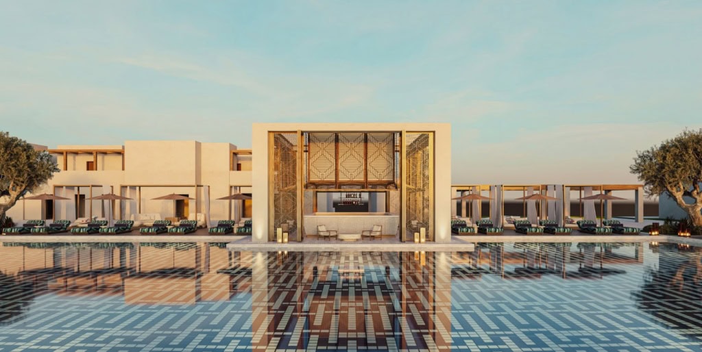 Blick auf Pool und Gebäude des AMOH Resort auf Rhodos