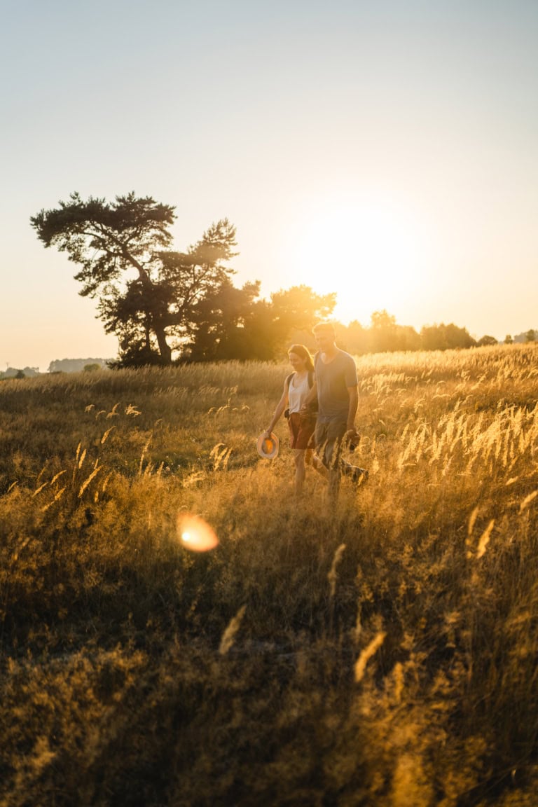 Wandern durchs Feld bei Menzlin zum Sonnenuntergang im Peenetal