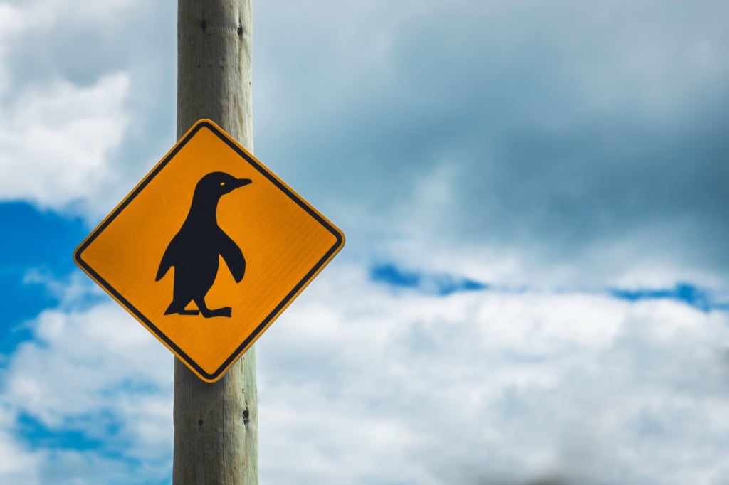 Ein Straßenschild zeigt einen Pinguin.